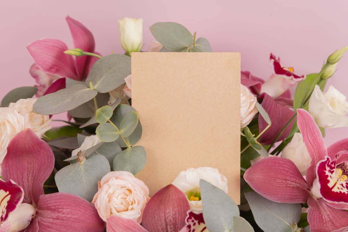A brown envelope surrounded by flowers